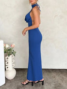 Elevate any occasion with our Backless Lace Up Back Sleeveless Maxi Dress. Featuring intricate lace details and an alluring backless design, this dress exudes effortless glamour. The modern sleeveless cut adds a touch of sophistication to this timeless piece. Make a statement and turn heads with this exclusive dress.