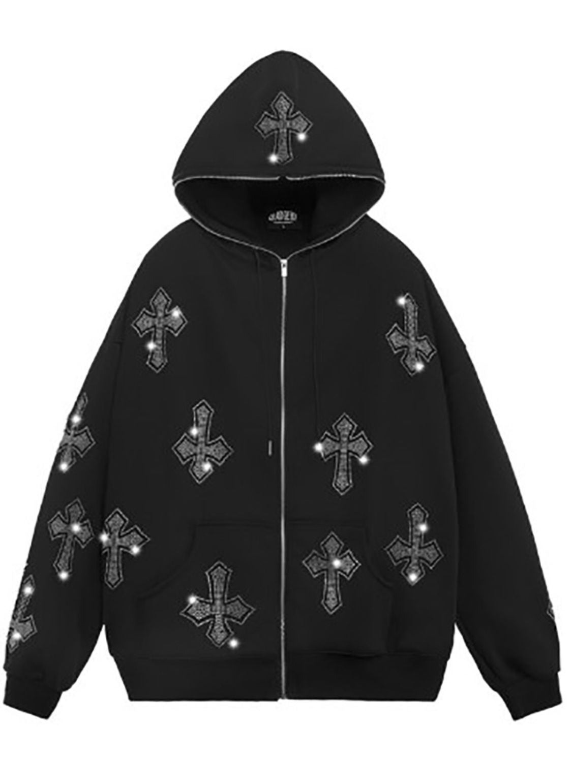 This men's hoodie is comfortable and stylish with rhinestone sleeves and a zip-up design. Made to last, it offers warmth and durability and is perfect for casual wear or layering. A must-have for any wardrobe.