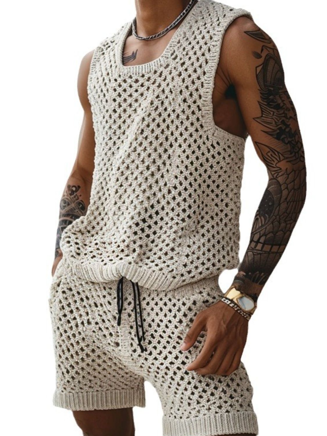 Get ready to make a statement with our Men's Plus Size Hollow Out Round Neck Tank and Shorts Set. Designed for the daring, this bold and edgy ensemble will make you stand out from the crowd. The wide mesh design adds an extra layer of uniqueness and will surely make you the center of attention. Dare to be different with this one-of-a-kind set!