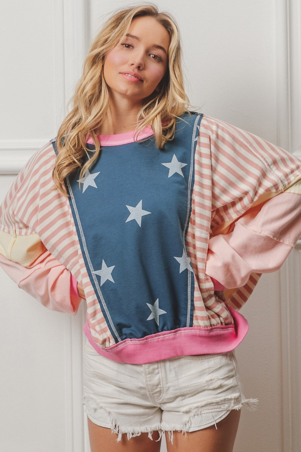 Unleash your bold and daring spirit with our Cruisin Essentials Stars and Stripes Round Neck Long Sleeve Top. Show off your adventurous side with this eye-catching top. Perfect for those who love to take risks and stand out from the crowd.