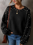 Elevate your style with our Cruisin Essentials Sweater! Adorned with elegant pearls on the round neck and sleeves, this cozy sweater adds sophistication to any look. Dare to be bold and stand out from the crowd with this statement piece.