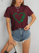 Channel good luck and style with our Heart Lucky Clover T-Shirt. Its round neck and short sleeves offer comfort while the heart and clover design adds a lucky touch to any outfit. Perfect for casual wear or dressing up, this soft and stylish shirt is a must-have in your wardrobe.