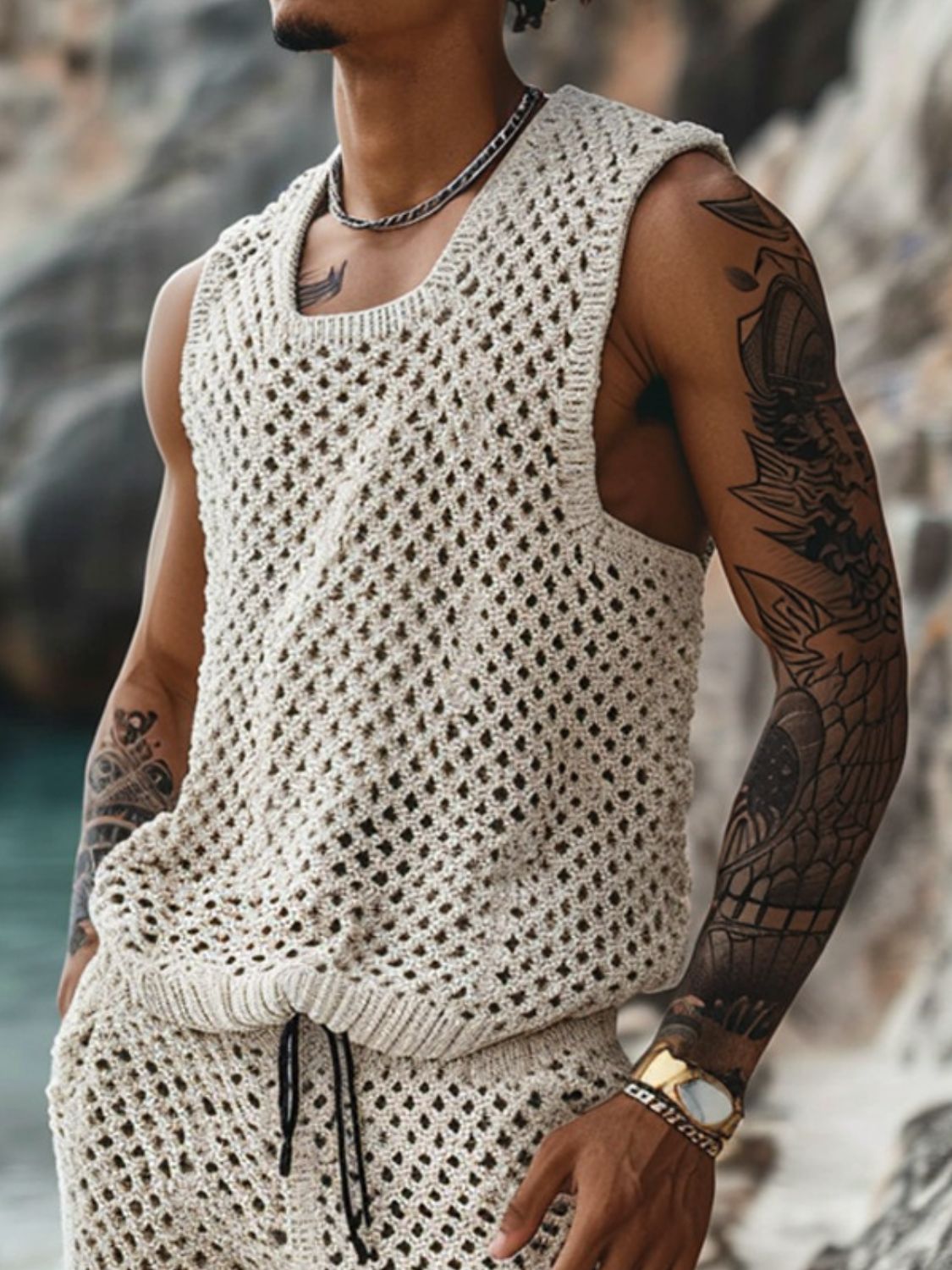 Dare to stand out in our bold Men's Plus Size Hollow Out Round Neck Tank and Shorts Set. With a wide mesh-look and edgy design, this ensemble is perfect for the adventurous spirit. Embrace your individuality and let this set make you the center of attention.