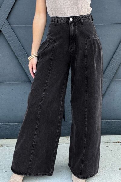 Indulge in the ultimate combination of comfort and style with our High Rise Wide Leg Jeans, designed to flatter and impress with their waist-flattering fit and roomy pockets for all your must-have items. Make a bold statement with these must-have, fashion-forward jeans! Highlights: Classic yet chic design.