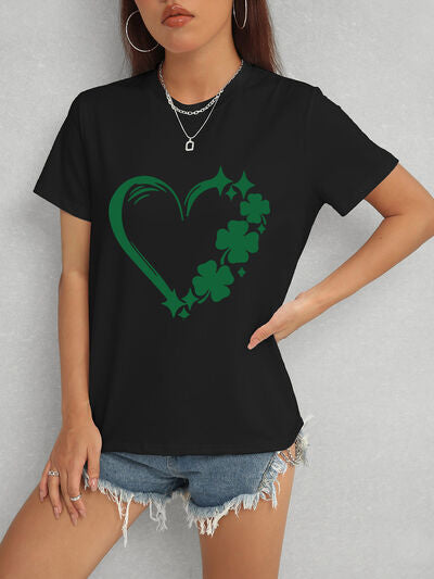 Express your love for luck with our Heart Lucky Clover T-Shirt! Made with a round neck and short sleeves, this soft and stylish t-shirt showcases a heart and clover design, perfect for adding a touch of luck to any outfit. Wear it casually or dress it up for a fun and charming look!