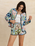 Our bold Printed Button Up Outerwear and Shorts Set is the ultimate must-have for any fashion risk-taker. Featuring a unique, eye-catching print and a practical button-up design, this set is perfect for making a statement and standing out from the crowd. Take on the day with confidence and style in this trendy and fashionable set.