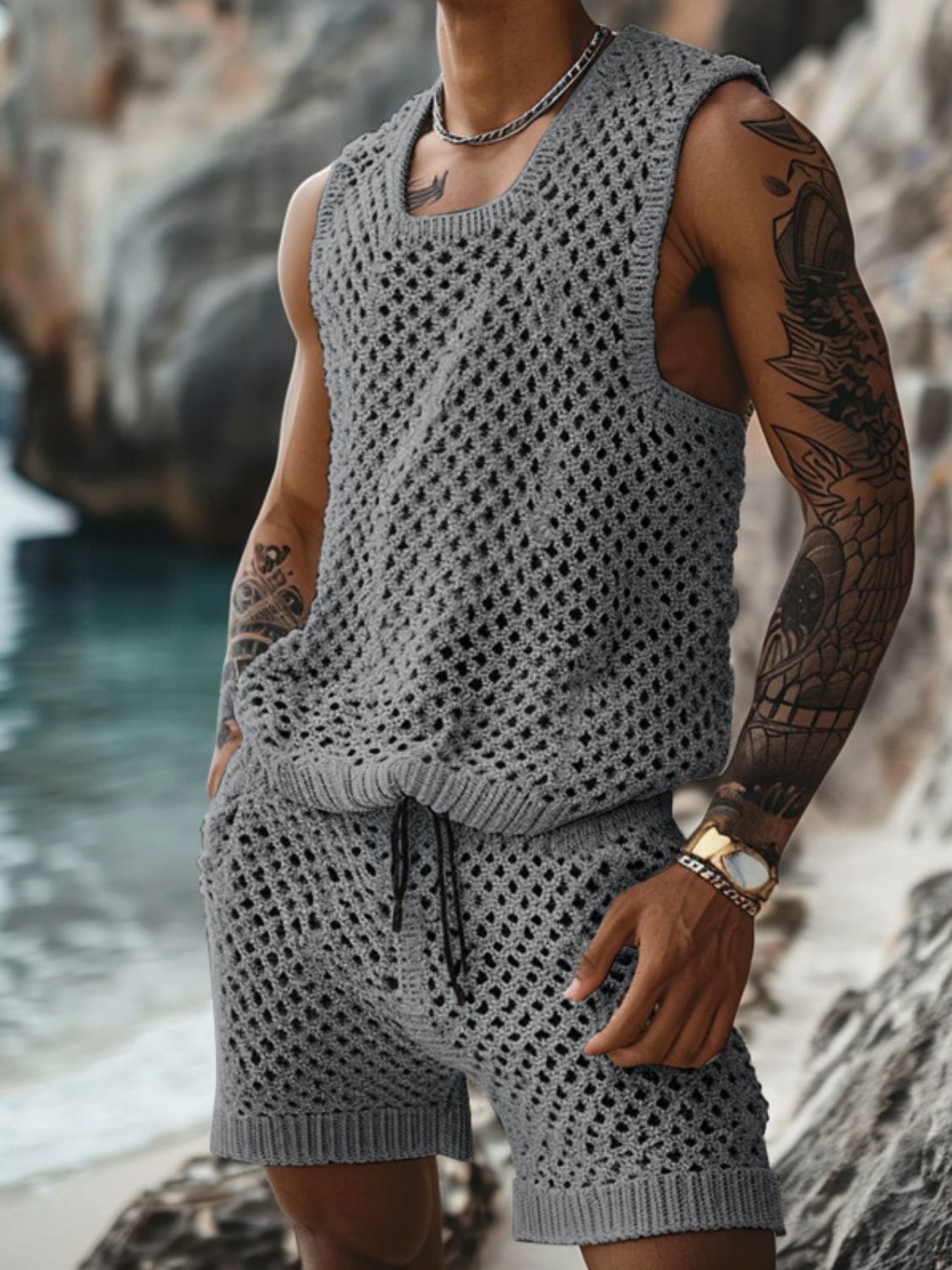 Elevate your style with our Men's Plus Size Hollow Out Round Neck Tank and Shorts Set. Stand out in this bold and edgy ensemble featuring a wide mesh design. Perfect for the daring individual looking to make a statement. Be the center of attention with Cruisin Essentials unique and exclusive set.