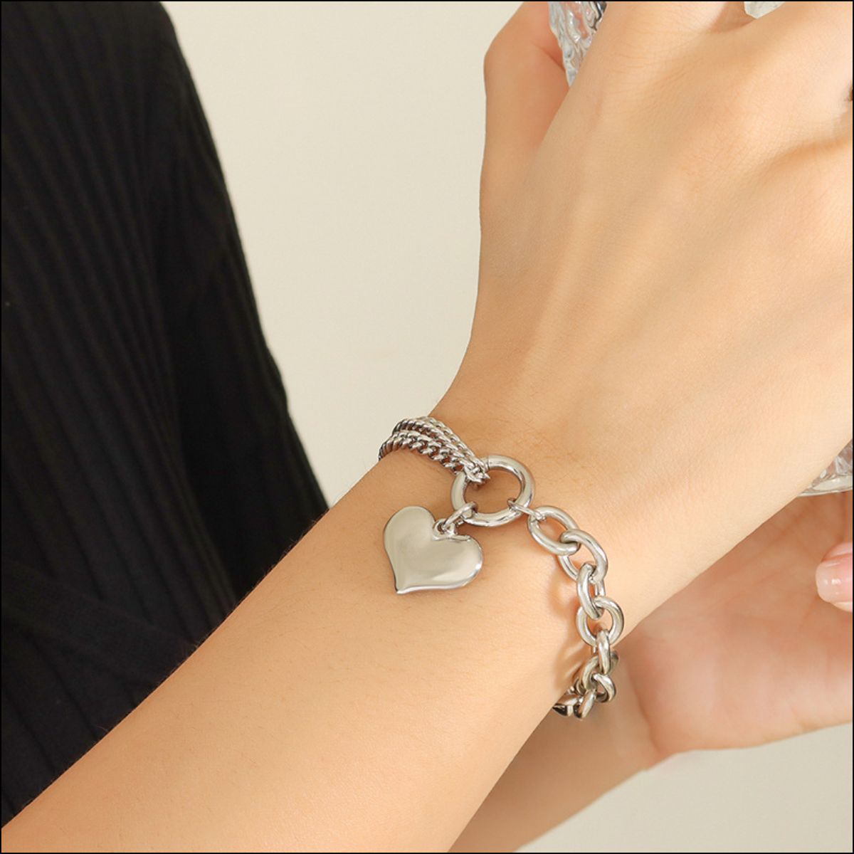 Shop more silver & gold, apparel, and soy candles at Cruisin Essentials. Add a touch of elegance to your outfit with this expertly crafted Chunky Heart Bracelet. Made from high-quality titanium steel, it boasts a unique design and is resistant to corrosion and tarnishing for long-lasting wear. Elevate your accessory game with this stunning piece.