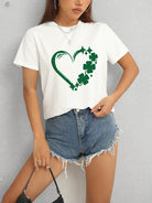 Feeling lucky? This Heart Lucky Clover T-Shirt is the perfect addition to your wardrobe. Featuring a round neck and short sleeves, this soft and stylish t-shirt will keep you comfortable while showing off your lucky charm. Dress it up or wear it casually for a touch of luck in your outfit!