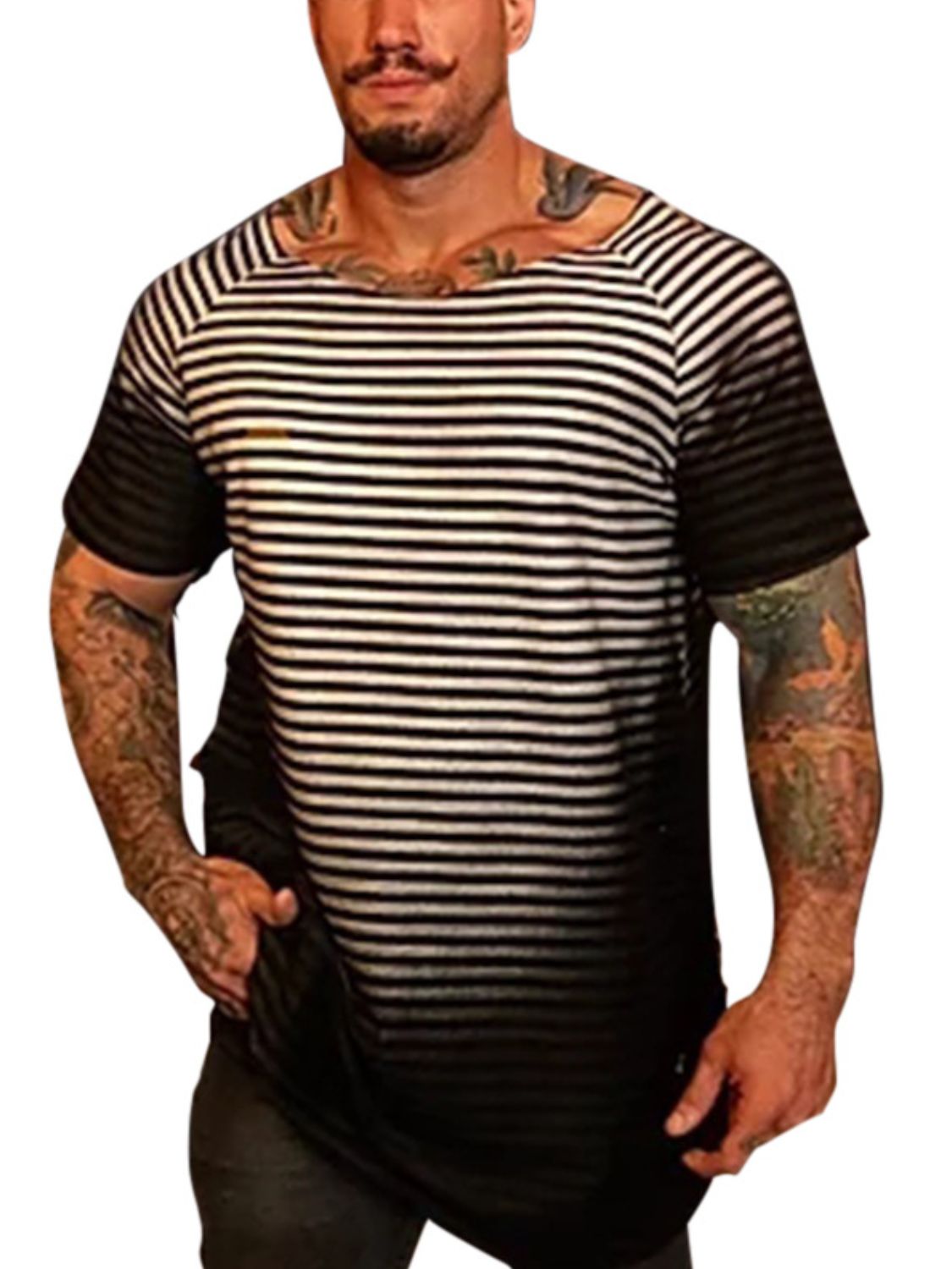 Get ready to conquer the day in style with our Men's Full Size Round Neck Short Sleeve Striped T-Shirt! Embrace your daring side with the bold round neck and classic striped design of this plus size shirt. Let this shirt be your statement piece as you fearlessly tackle any challenge with confidence.