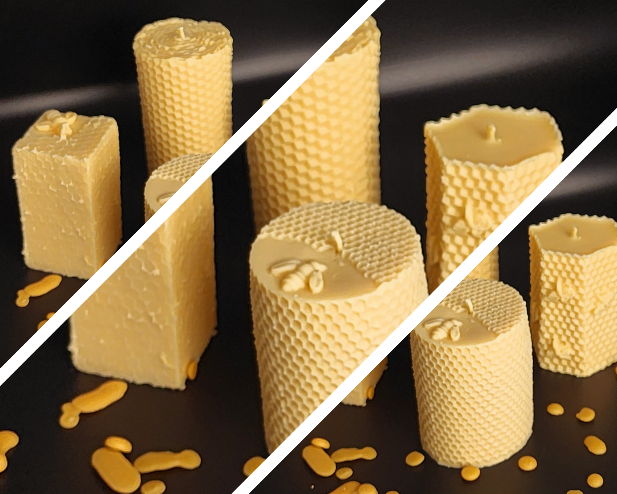 Our exclusive wax mixes produced with 100 percent USDA Certified Organic beeswax materials and are hand-poured. Our Honeycomb Beeswax Pillars give a clean, environmentally friendly burn. Candle Elegance offers a collection of 4 beeswax candle pillars in hexagon, round, and square shapes with diameters of 2", 2.2", and 1.7" respectively. 