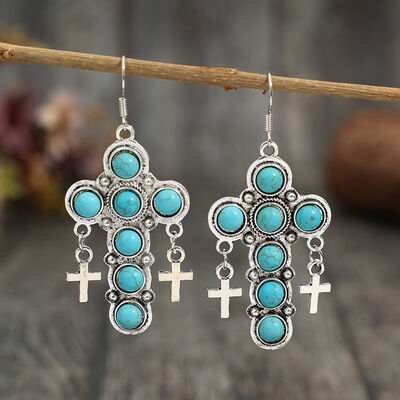 Trendsi Trends  earrings are crafted with triple-cross turquoise stones, showcasing a stunning criss-cross design. Turquoise is renowned for its exquisite hue and distinctiveness, making these earrings a valuable addition to any jewelry assortment.